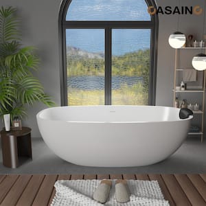 71 in. x 22 in. Solid Surface Stone Free Standing Tub Soaking Bathtub in White with Black Bathtub Pillow