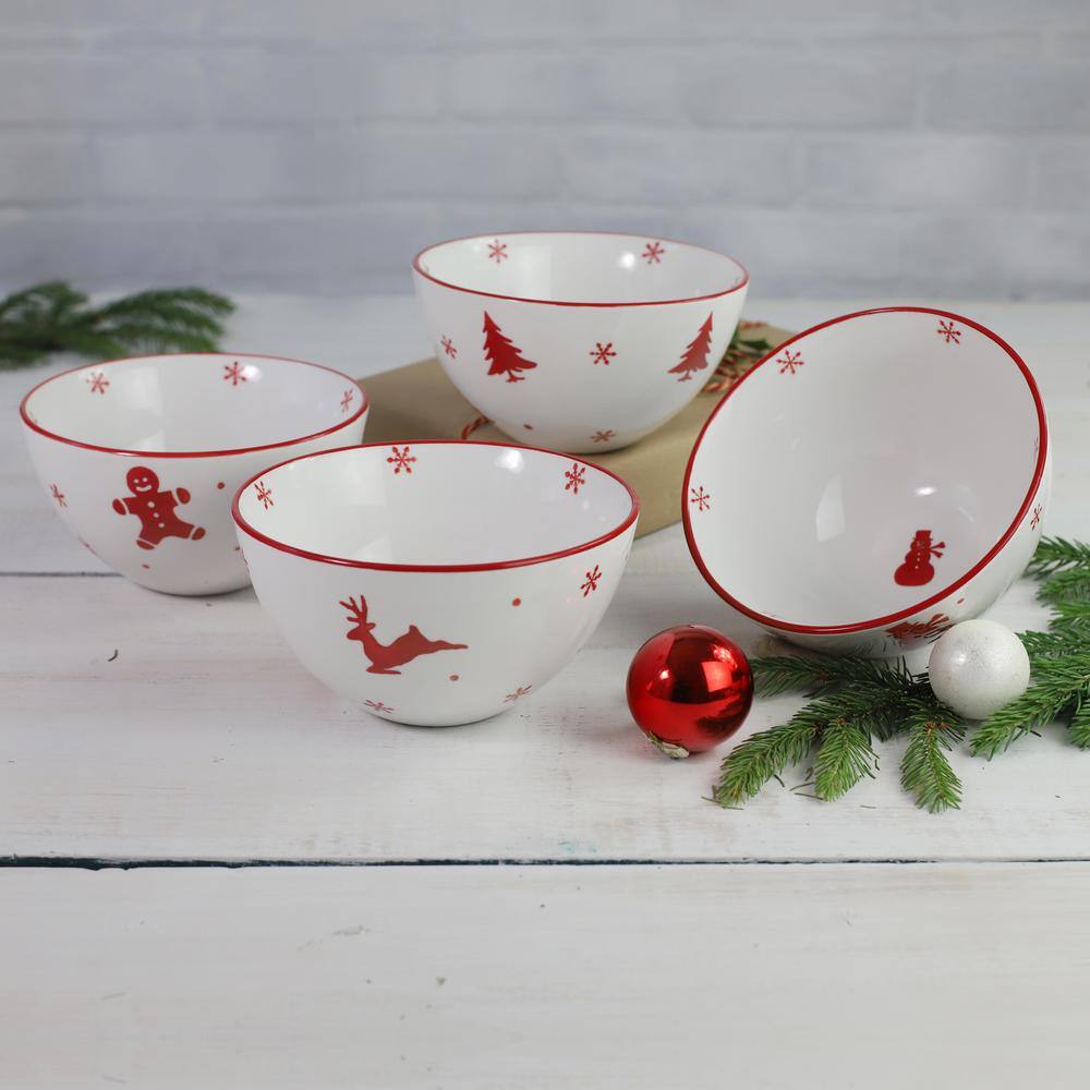 Winterfest Red and White Ceramic Holiday Dinnerware Set, Service for 4