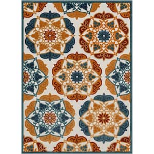 Dorado Cabo Modern Blue 6 ft. 7 in. x 9 ft. 6 in. Geometric Tile Pattern High-Low Indoor/Outdoor Area Rug