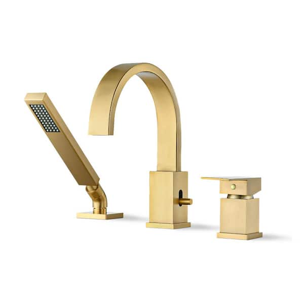 YASINU Single-Handle Deck Mount 360 Rotation Roman Tub Faucet with Hand Shower in Brushed Gold (Valve Included)