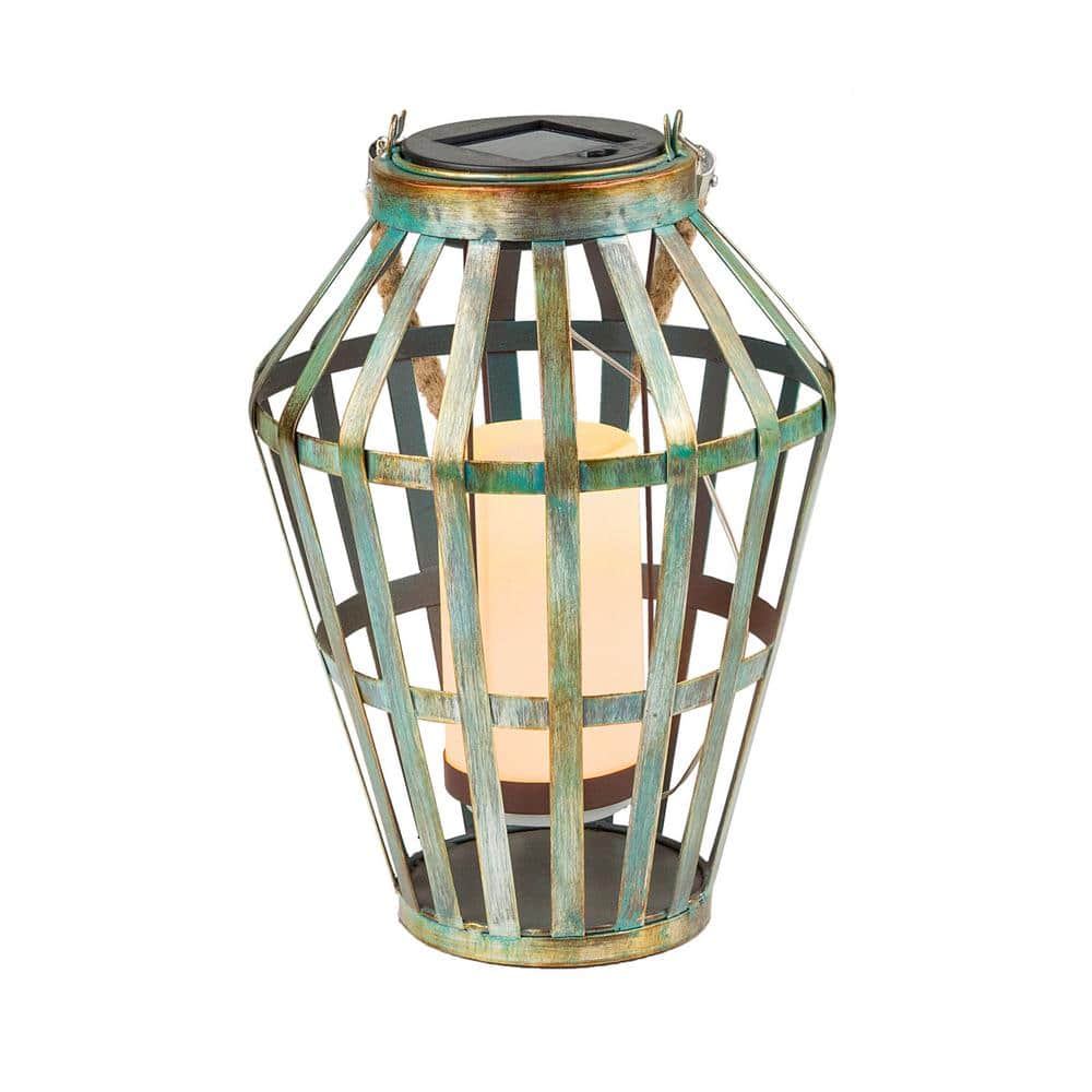 10 in. Tall Outdoor Rustic Solar Powered Metal Lantern with Flickering LED 