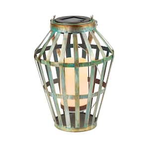 10 in. Tall Outdoor Rustic Solar Powered Metal Lantern with Flickering LED Lights, Gray