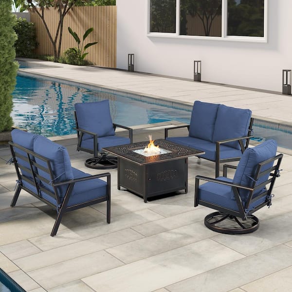Oakland Living Black 6-Piece Aluminum Patio Fire Pit with 2-Deep Seating Loveseat and 2-Club Chairs Blue Cushions