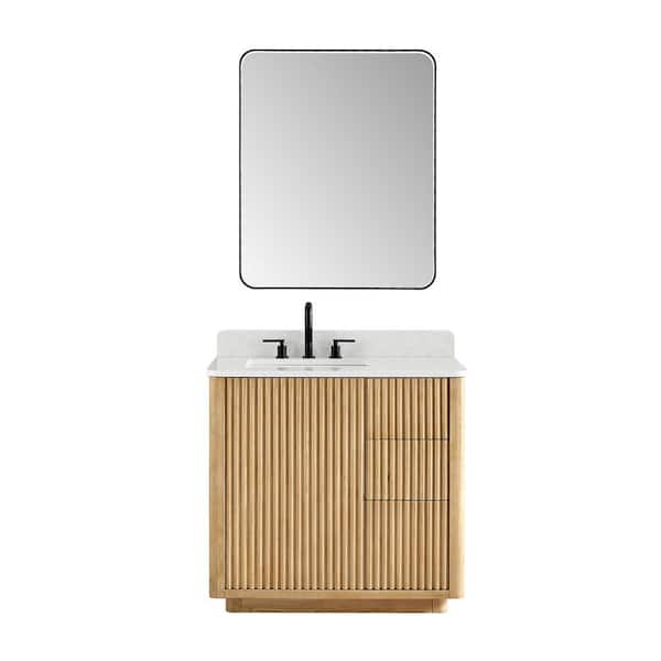 Altair Clayton 36 in. Single Freestanding Washed Light Brown Bath Vanity with Grain White Engineered Stone Top Assembled Mirror