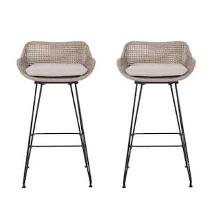 Verano Mixed Brown Wicker Outdoor Bar Stool with Beige Cushion (2-Pack)