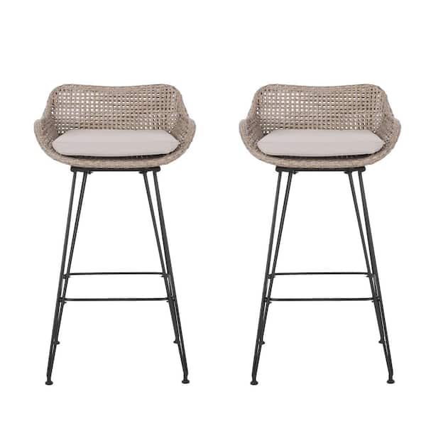Noble House Verano Mixed Brown Wicker Outdoor Bar Stool with Beige Cushion (2-Pack)
