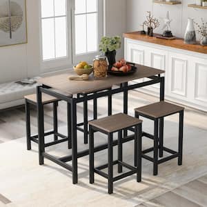 Modern Dark Brown 5-Piece Wood Top Counter Height Dining Set with Metal Frame, Minimalist Dining Table Chair Set for 4