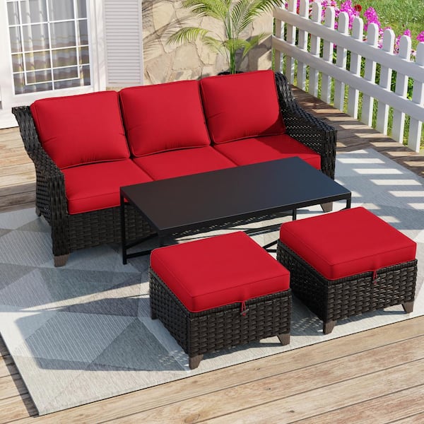JOYSIDE 4-Piece Wicker Outdoor Patio Conversation Set with Red Cushions and Ottoman