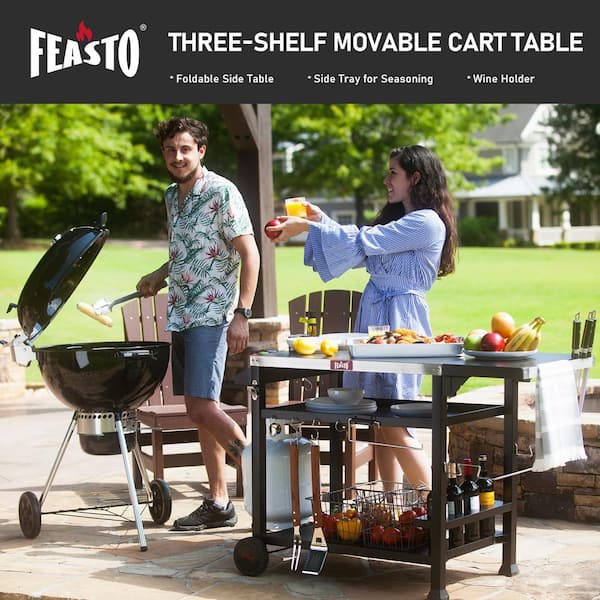 FEASTO 50 in. 3-Shelf Stainless Steel Outdoor Movable Food