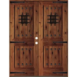 60 in. x 80 in. Mediterranean Knotty Alder Square Top with Red Chestnut Stain Left-Hand Wood Double Prehung Front Door