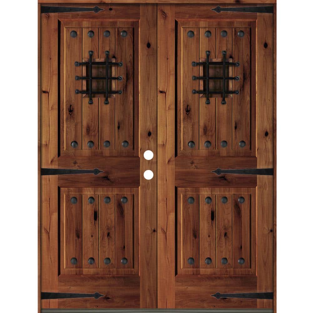 64 in. x 80 in. Mediterranean Knotty Alder Square Top with Red Chestnut Stain Left-Hand Wood Double Prehung Front Door price history on PriceWatchPro