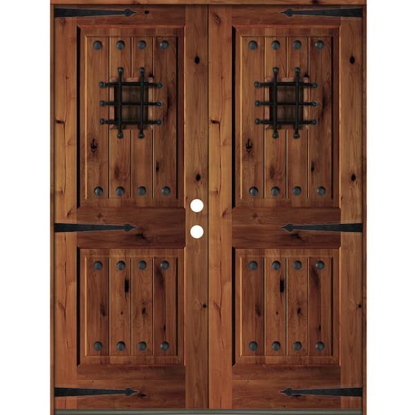 Krosswood Doors 64 in. x 80 in. Mediterranean Knotty Alder Square Top with Red Chestnut Stain Left-Hand Wood Double Prehung Front Door