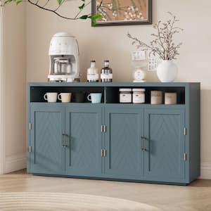 Smoke Blue Classic 4-Door Wood 60 in. Sideboard with Open Storage and Adjustable Shelves