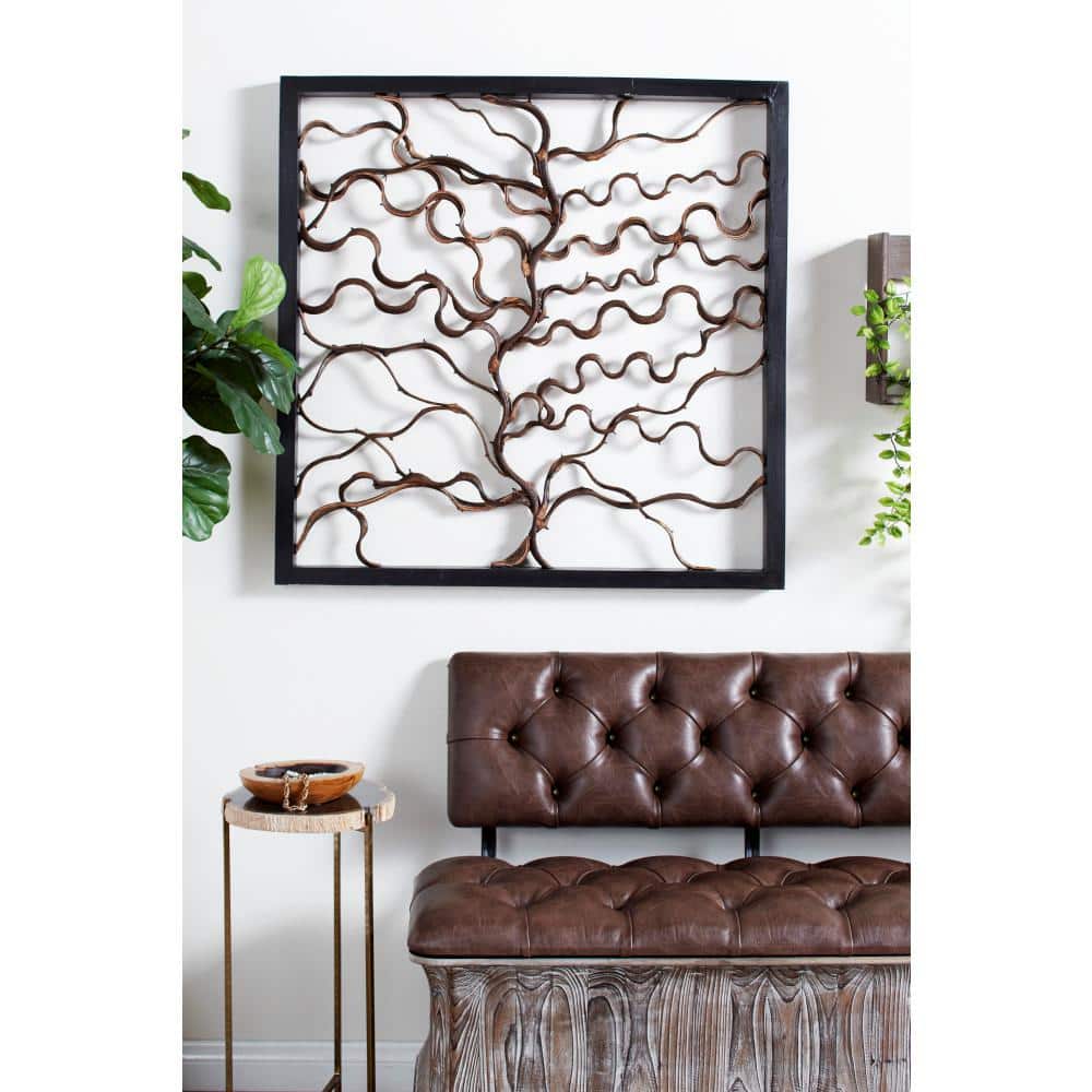 DecMode Brown Wood Branch Tree Wall Decor with Black Frame