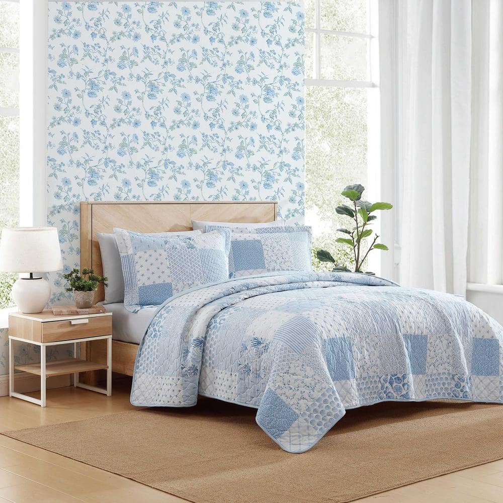 Full Blue Cotton Reversible Quilt Set with Shams