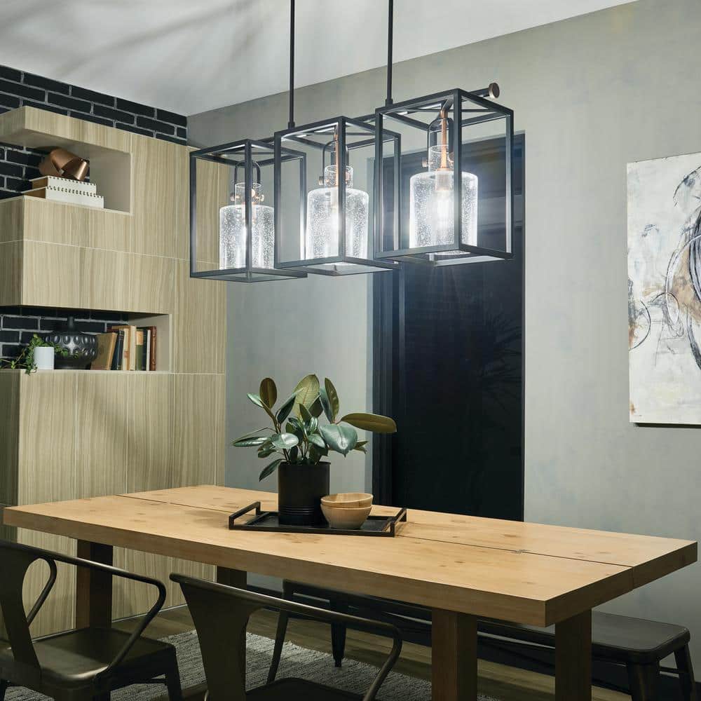 Black Steel Cage 3-Light Linear Chandelier with Clear Seeded Glass