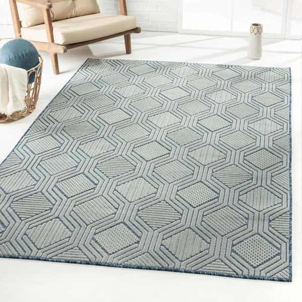 HomeRoots Light Blue and Navy 5 ft. x 7 ft. Geometric Stain Resistant Area Rug