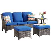 New Kenard Brown 9-Piece Wicker Patio Fire Pit Conversation Set with Navy Blue Cushions and Swivel Rocking Chairs