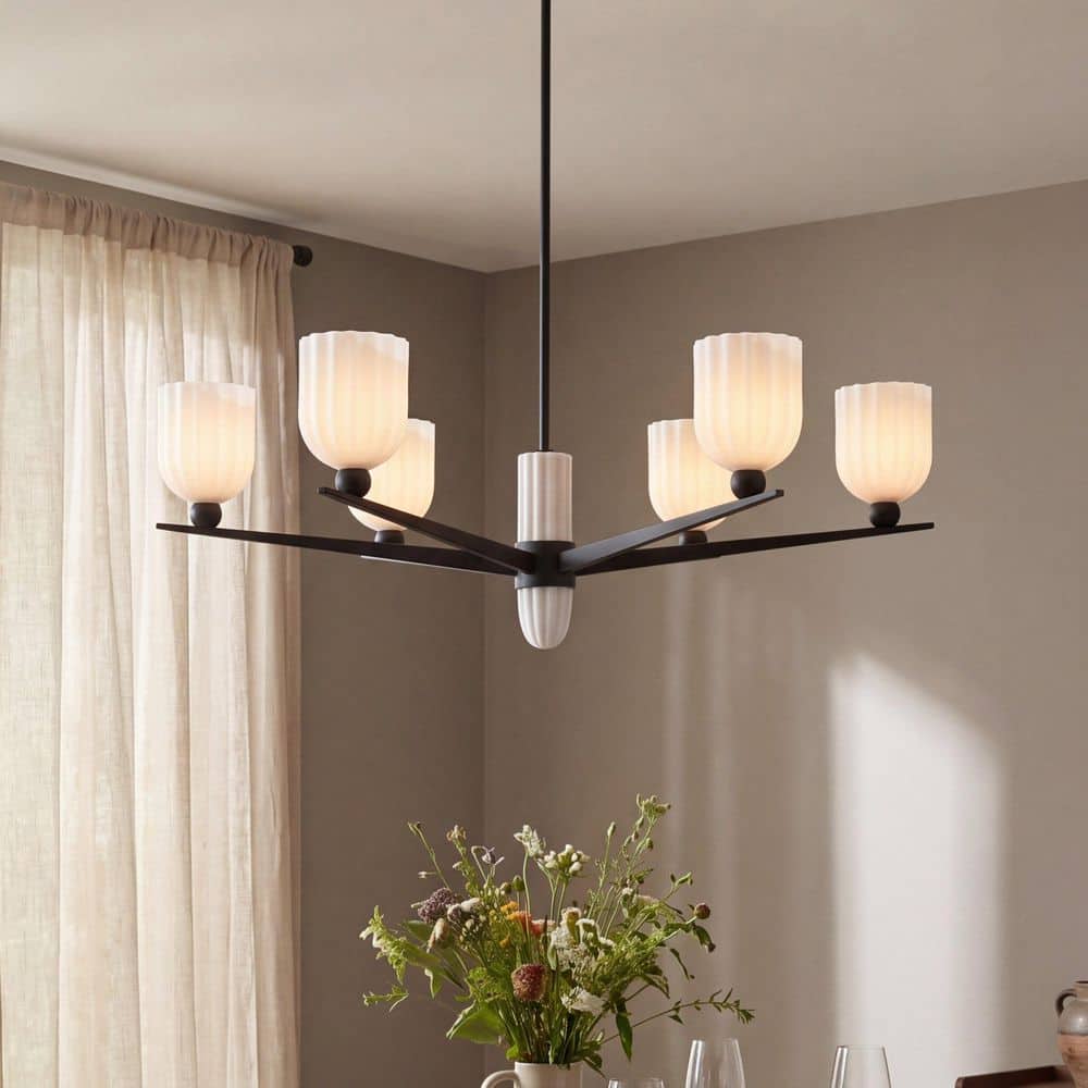 Collier 40 in. W x 12.5 in. H 6-Light Matte Black Modern Chandelier with White Opal Ribbed Glass and No Bulbs Included price history on PriceWatchPro