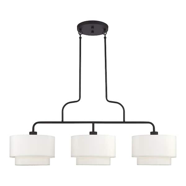 Livex Lighting Manorwood 3-Light Bronze Linear Chandelier with Off-White Fabric Shade