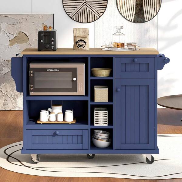 Blue Rubber Wood Countertop 53.1 in. W Kitchen Island on 5-Wheels with 8  Handle-Free Drawers and Flatware Organizer ktkhwy14 - The Home Depot