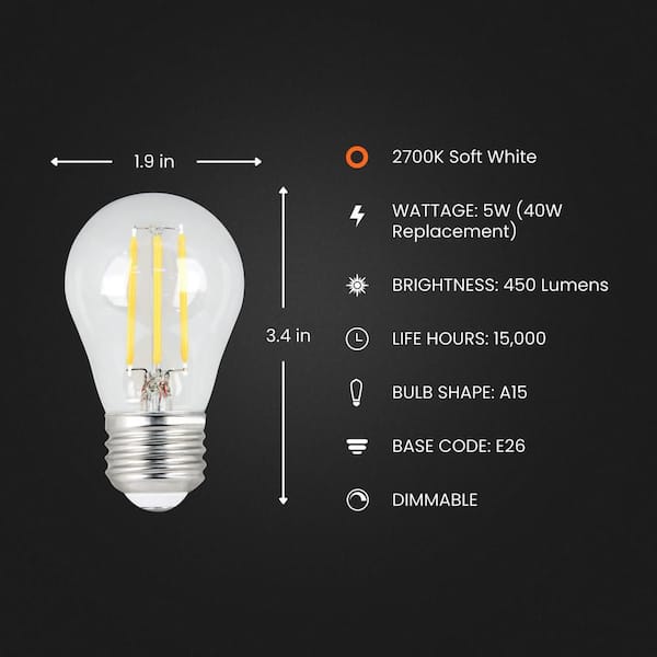 40-Watt Equivalent A15 Clear Glass E26 Refrigerator Appliance LED Light Bulb, Soft White 2700K (4-Pack)