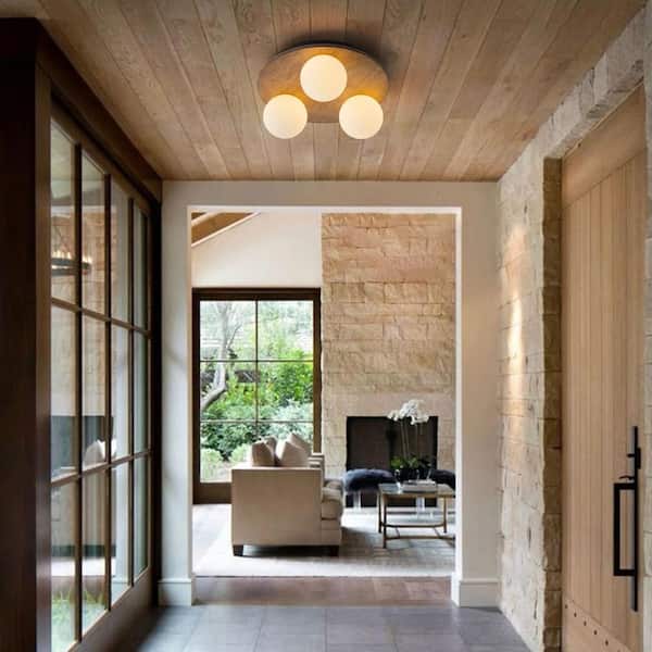 Votos 3-Light 11.8 in. W Dark Oak Wood Flush Mount Circle Round Ceiling Light with Opal Glass Globe for Kitchen/Foye