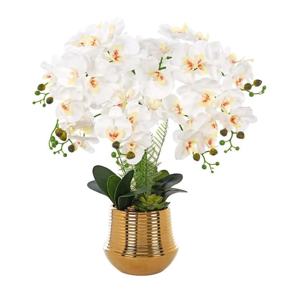 Vanity Art 26.77 in. H Artificial Orchid Floral Arrangement in Gold-plated Ceramics Vase