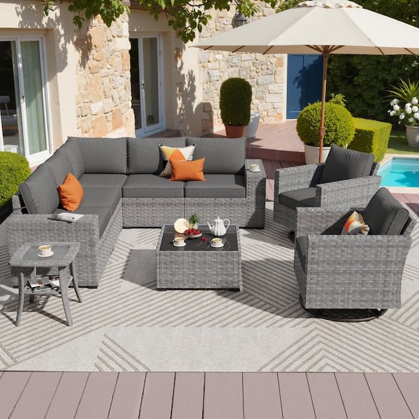 OVIOS Bissty Gray 9-Piece Wicker Wide Arm Patio Conversation Set with Black Cushions and Swivel Rocking Chairs