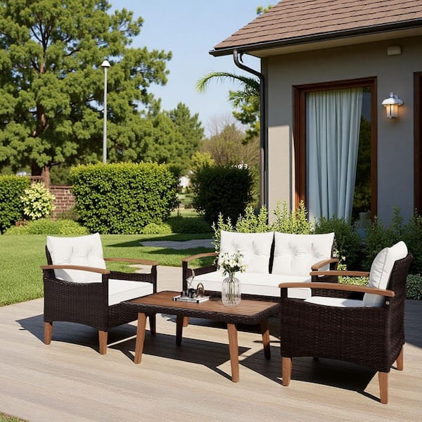 Brown 4-Piece PE Wicker Outdoor Sectional Set, Patio Sofa Set with Beige Cushions, Coffee Table