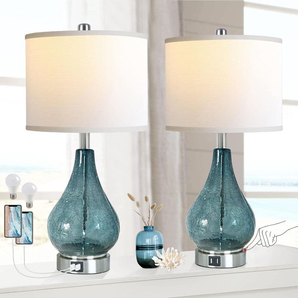 22.5 in. Glass Table Lamp Set of 2 For Living Room Bedroom, LED Light With 