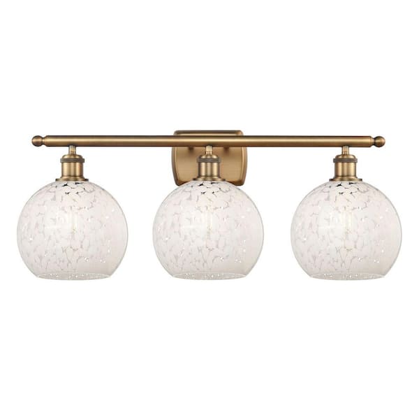 White Mouchette 28 in. 3-Light Brushed Brass Vanity Light with Glass Shade