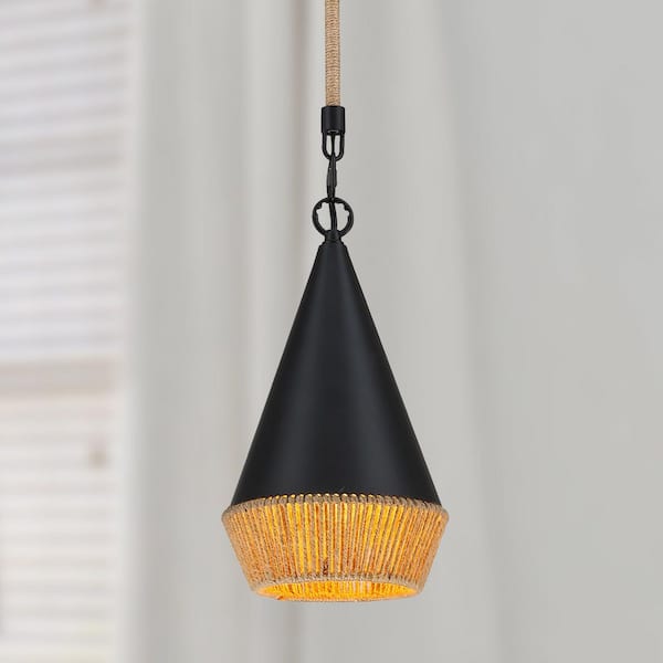 Bohemian 1-Light Black Cone Pendant Light with Woven Rattan Shade, Bulbs Not Included