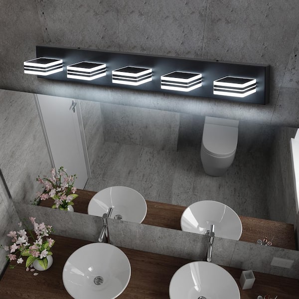 SOLFART Dimmable LED Modern Matt Black Bathroom Vanity Lights Over Mirror 4 Lights Acrylic Bath Wall Lighting
