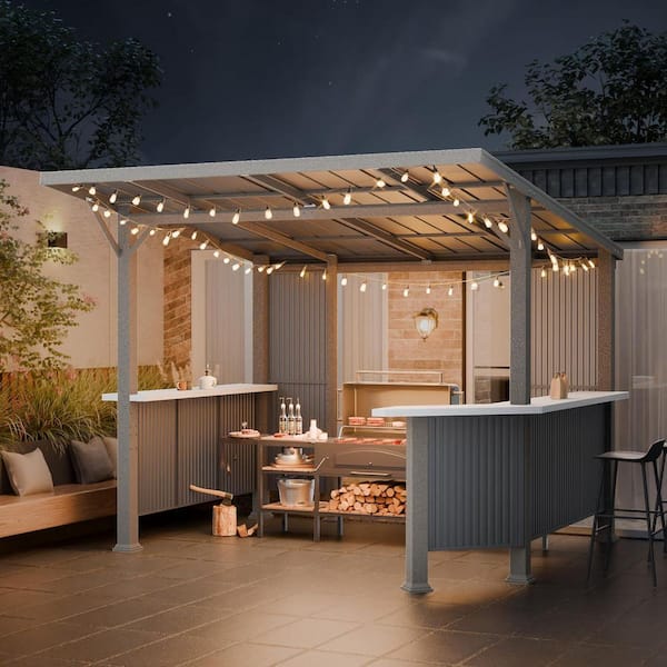 10 ft. x 10 ft. Black Hardtop BBQ Gazebo with Multi Shelves and Independent Countertop, Barbecue