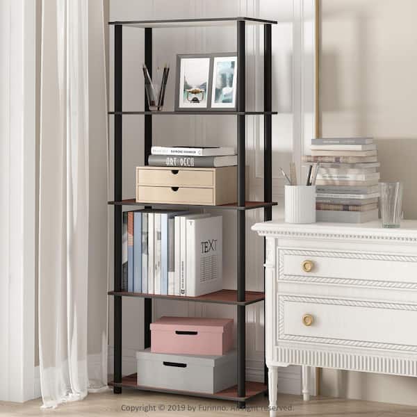 57.4 in. Tall Dark Cherry/Black Wood 5-Shelves Etagere Bookcases
