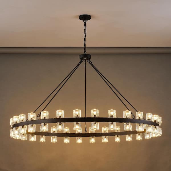60-Light Black Round Chandelier with Chain, 60in. Modern K9 Crystal Chandelier for Dining Room, Living Room, Foyer
