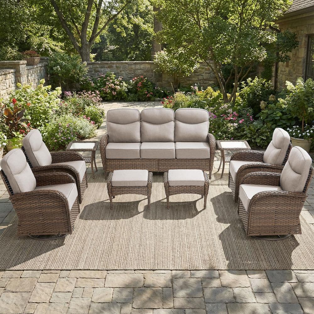 Luna 9-Piece Brown Wicker Patio Conversation Set with Swivel Gliders and 6 in. Olefin Beige Cushions price history on PriceWatchPro