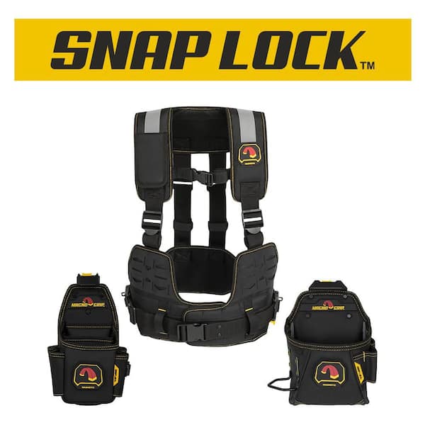 Snap Lock General Contractor and Plumber Tool Rig with Two Tool Pouches, Magnetic Storage, Hammer Loop Tape Measure Clip