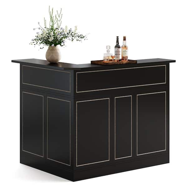 Kearsten Black 44.09 in. L-Shaped Bar Table with Stemware Racks, 4-Tier Home Bar Unit