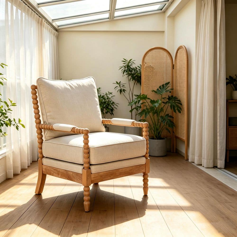 Modern Beige Fabric Upholstered Accent Arm Chair with Natural Solid Wood Frame price history on PriceWatchPro