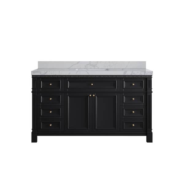 Willow Collections Paris 60 in. W x 22 in. D x 36 in. H Single Sink Bath Vanity in Black with 2 in. Venatino qt. Top