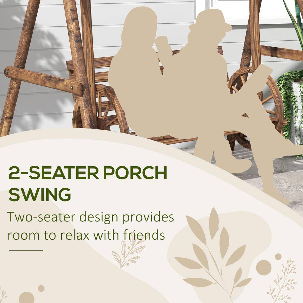 Rustic Carbonized Fir Wood 2-Person Porch Swing with Wagon Wheel Armrests