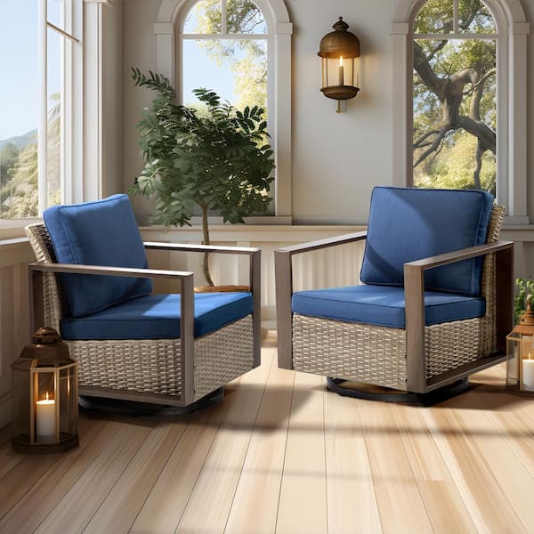 Gardenbee Wicker Outdoor Rocking Chair Patio Swivel Chair with Metal Frame and Dark Blue Cushions