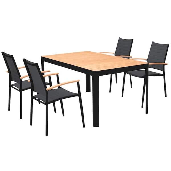 Armen Living Portals Black 5-Piece Aluminum and Teak Wood Outdoor Dining Set