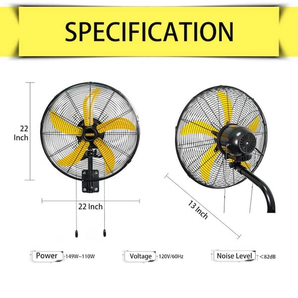 HICFM 20 in. 3 Speeds High Velocity Oscillating Wall Mounted Fan in Yellow with 1/3 HP Powerful Motor, 4800 CFM