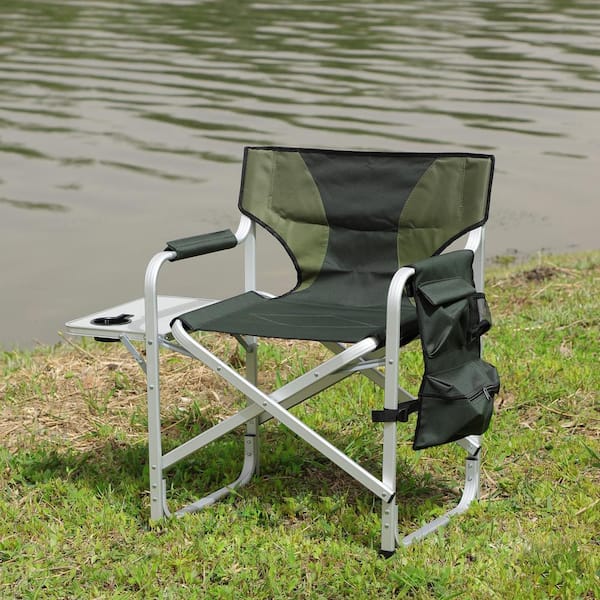 wayofatry 1-Piece Padded Folding Metal Outdoor Chair with Side Table and Storage Pockets for Outdoor Camping in Green