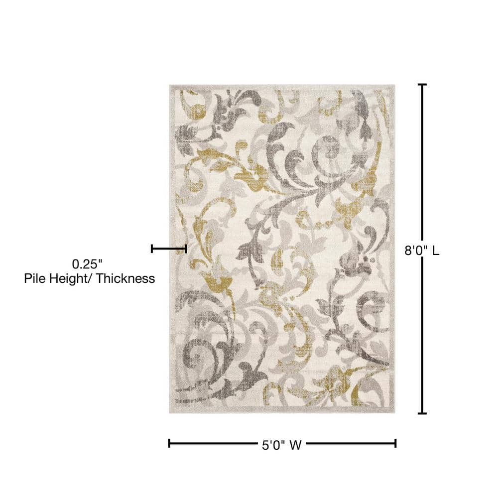 Ivory and Light Grey Floral Synthetic Area Rug
