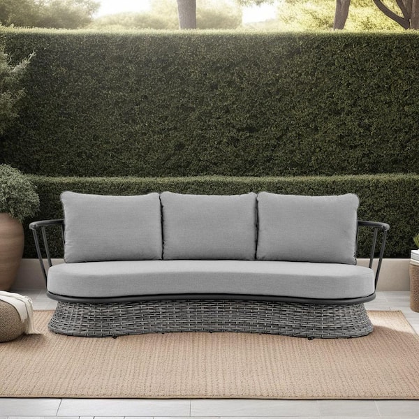 Armen Living Giotto Black Aluminum and Wicker Outdoor Couch with Dark Gray Cushions