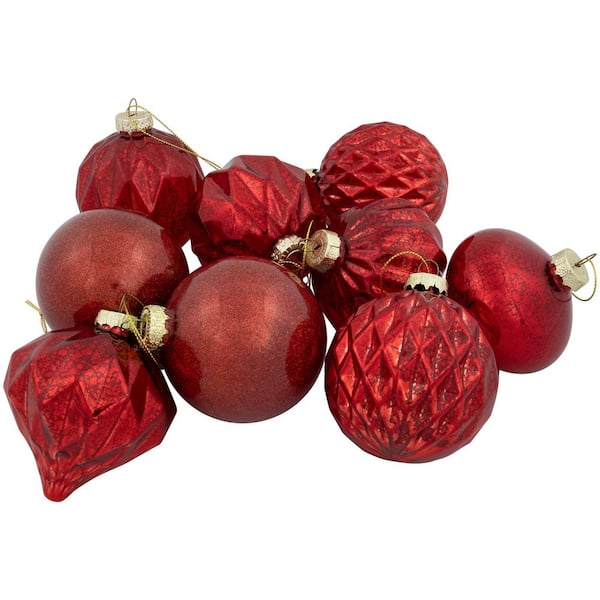 Shiny and Textured Glass Ball and Onion Christmas Ornaments - 3 in. (80mm) -Red - 9ct